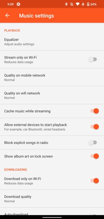 Настройки музыки в YouTube Music на мобильном устройстве, отображение параметров потоковой передачи и скачивания