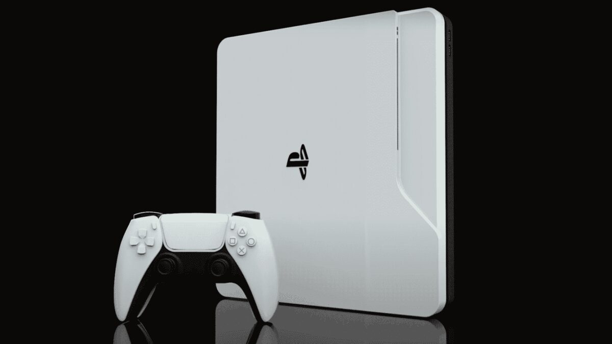 Белая консоль PlayStation 5 с геймпадом на черном фоне