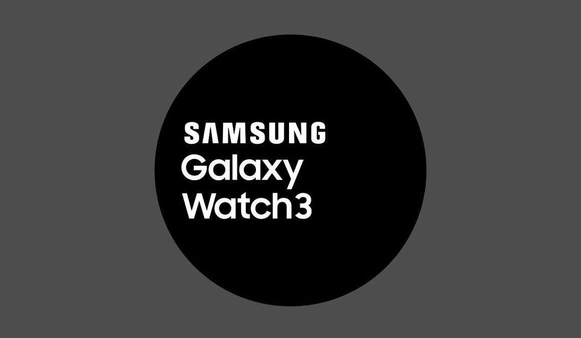 Темный фон с белым текстом Galaxy Watch 3 внутри черного круга