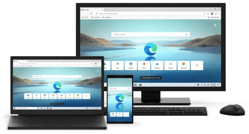 Microsoft выпускает новый браузер Microsoft Edge для Windows 10 5 Компьютерный монитор и мобильный телефон HTC Desire 20 Pro с веб-браузером открытым на экране