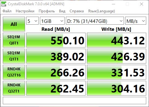 Тест скорости SSD накопителя на компьютере с интерфейсом CrystalDiskMark