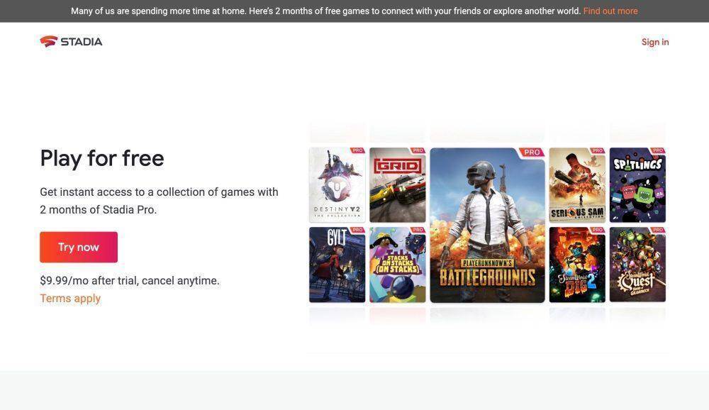 На сайте Google Stadia появились новые игры 4 Главная страница Google Stadia с выбором бесплатных игр интерфейс кнопка Try now и изображение игр