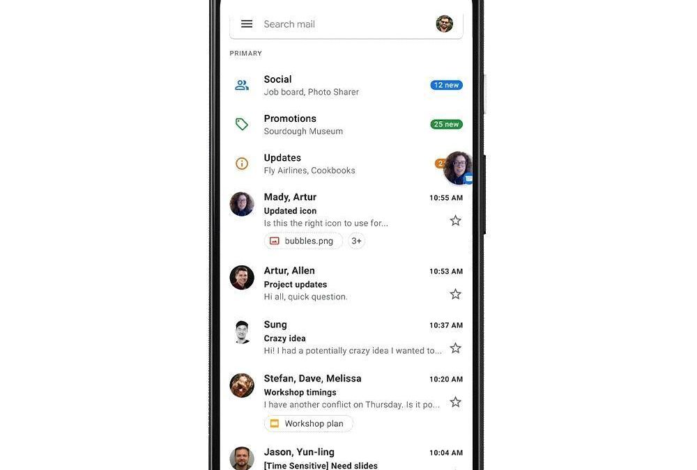 Экран смартфона Google Pixel с интерфейсом Gmail