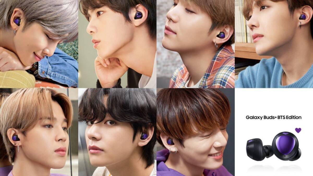 Четыре члена BTS с наушниками Galaxy Buds+ BTS Edition