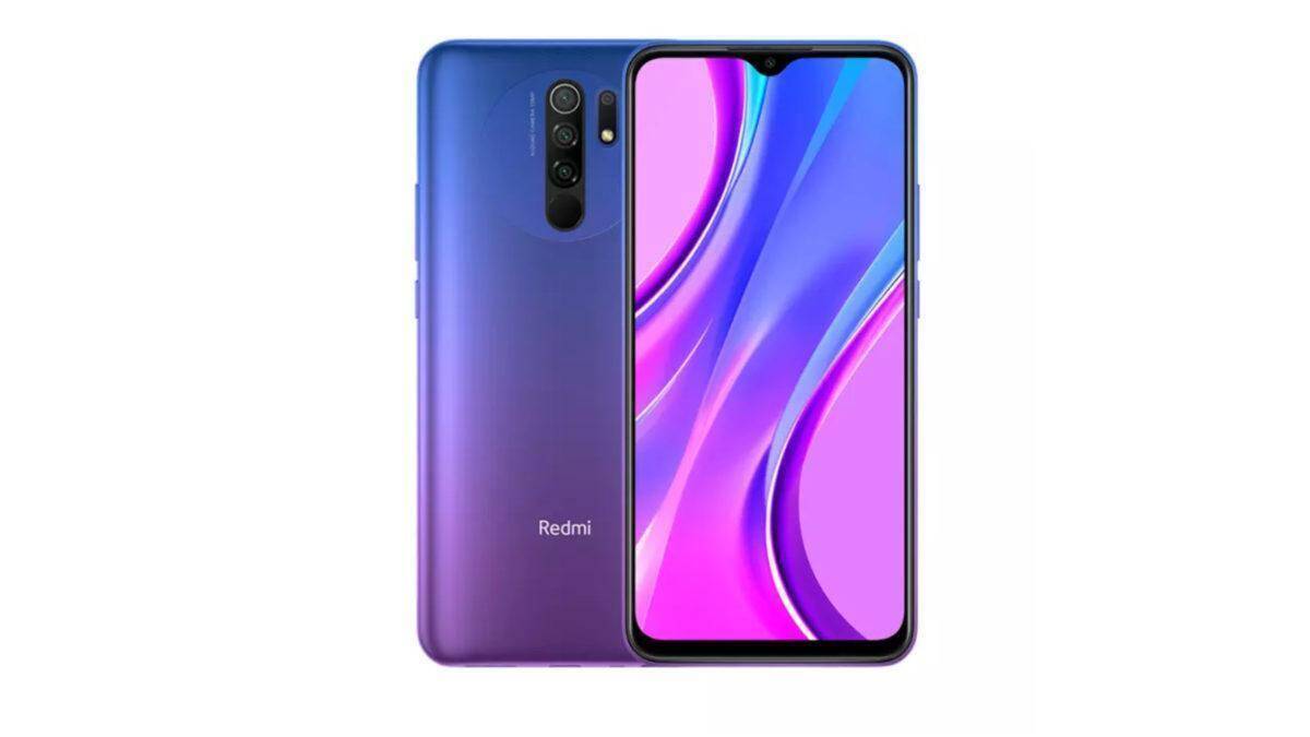 Задняя и передняя часть смартфона Xiaomi Redmi 9 с четырьмя камерами и дисплеем с вырезом
