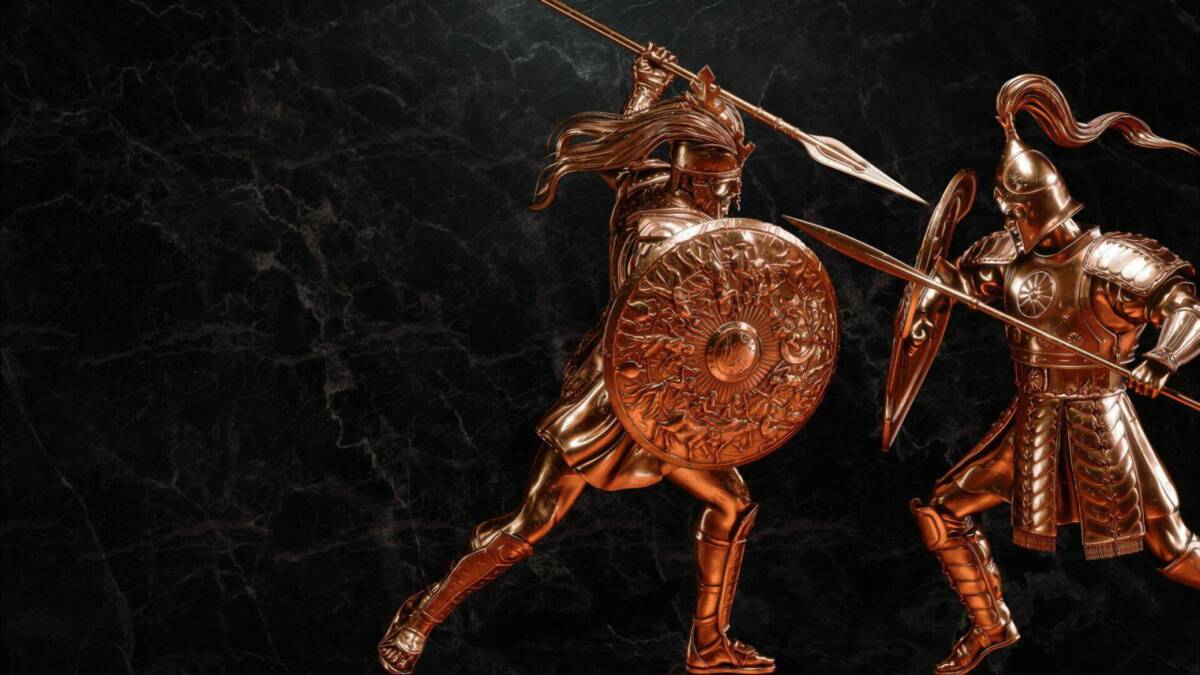 Трон из игры Total War Saga Troy с бронзовой отделкой в боевой позе