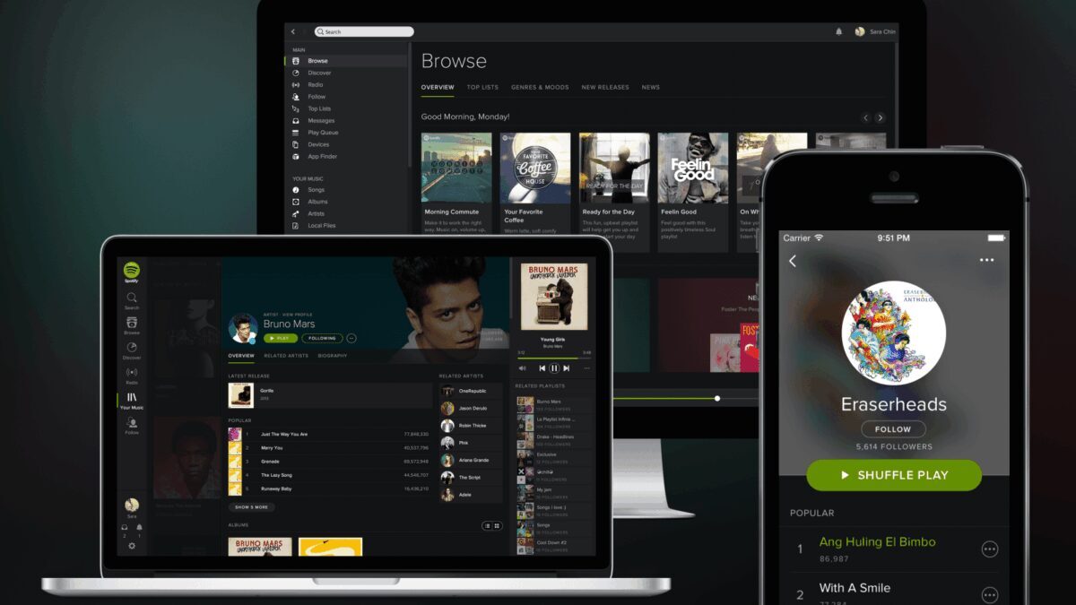 Spotify выйдет в России уже 15 июля 5 Экран компьютера и двух ноутбуков с интерфейсом Spotify и приложением на смартфоне