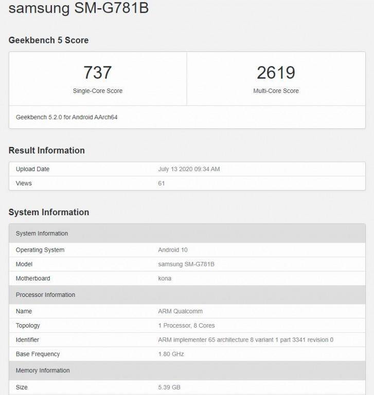 Результаты теста Geekbench для Samsung Galaxy G781B с процессором Qualcomm Snapdragon 865 в режиме однопроцессорной и многопроцессорной оценки