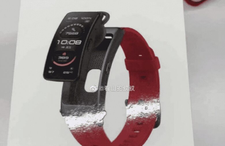 Huawei готовится выпустить новый браслет-гарнитуру 4 Рекламное изображение OPPO SmartWatch с красным ремешком и экраном, показывающим фитнес-данные