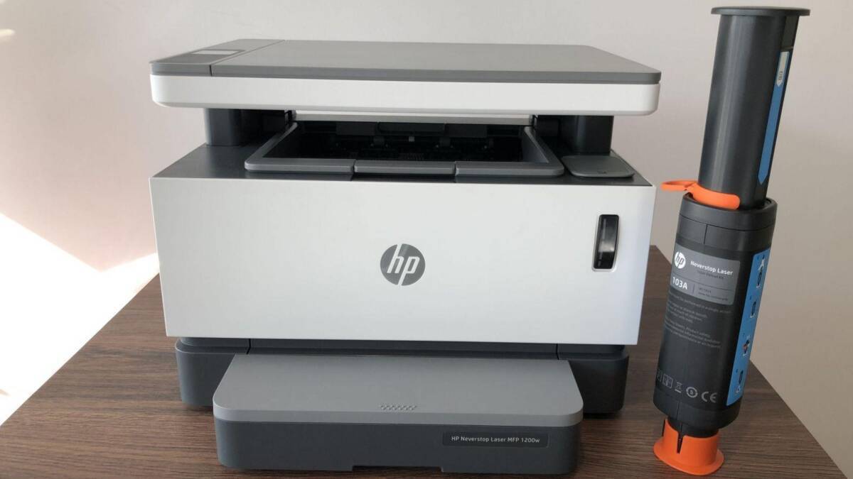 Современное лазерное мультфункциональное устройство HP Neverstop Laser 1200w вид спереди