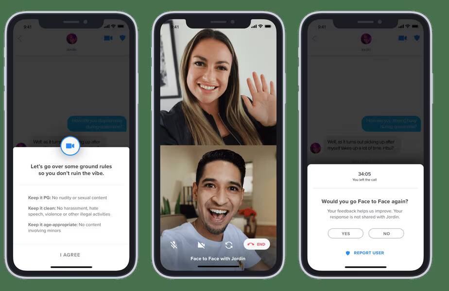 Скриншот видеозвонка Tinder с тремя участниками