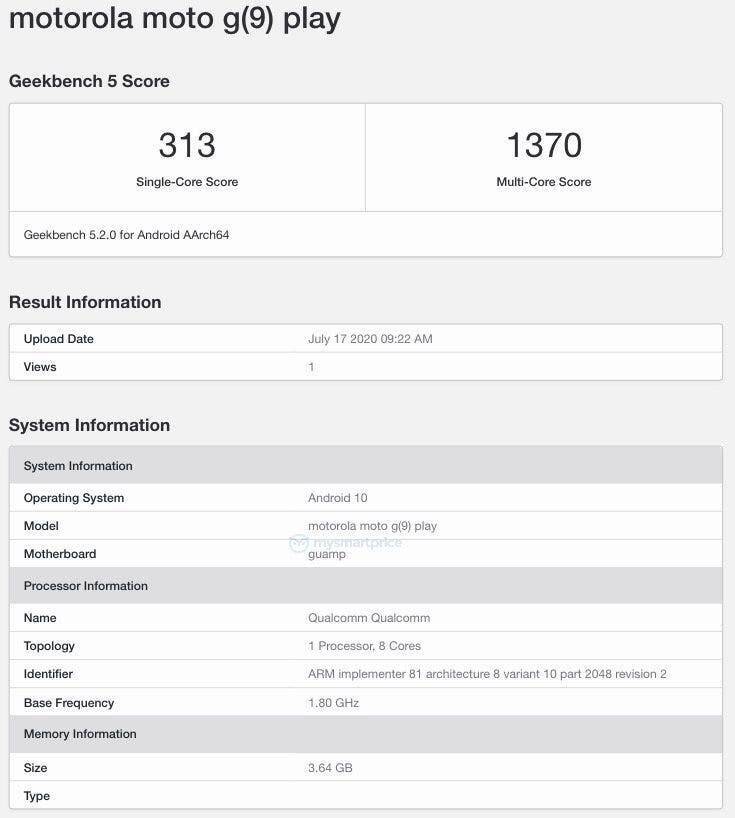 Результаты теста Geekbench для Moto G9 Play с Android 10