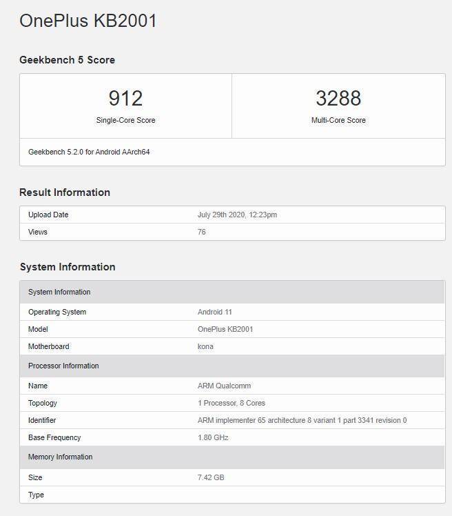 Новый смартфон OnePlus 8T был замечен на Geekbench 4 Результаты тестирования OnePlus KB2001 с процессором ARM Qualcomm на Android 11