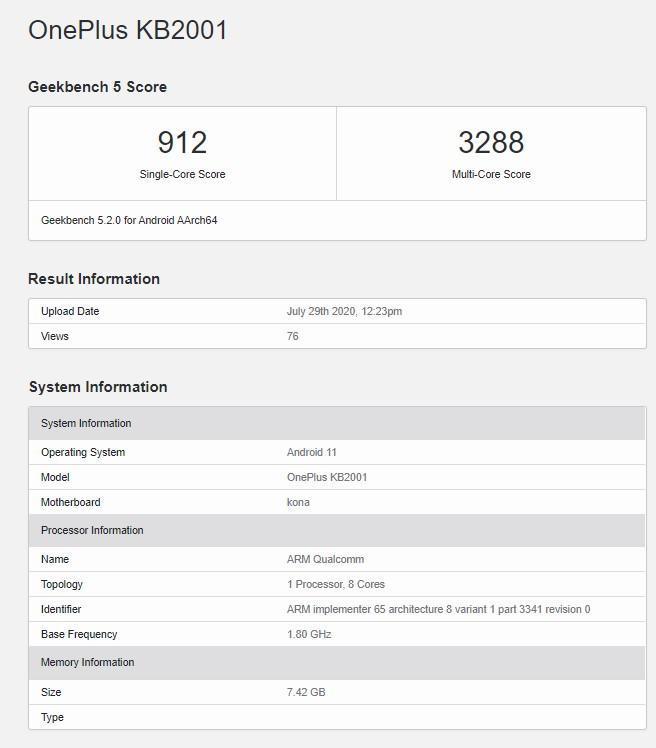 Новый смартфон OnePlus 8T был замечен на Geekbench 4 oneplus kb2001