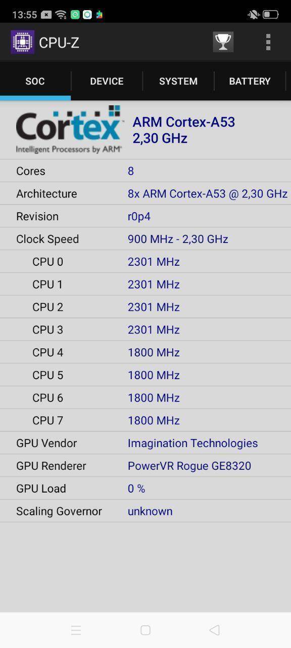 Экран CPU-Z с характеристиками процессора ARM Cortex-A53