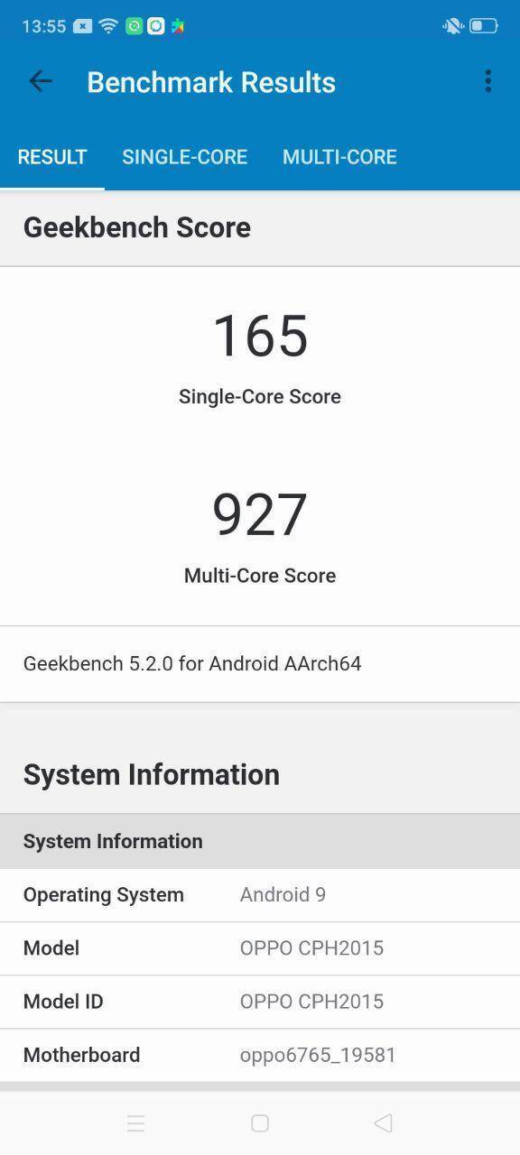 Результаты теста Geekbench для смартфона OPPO CPH2015 с процессором и системными данными