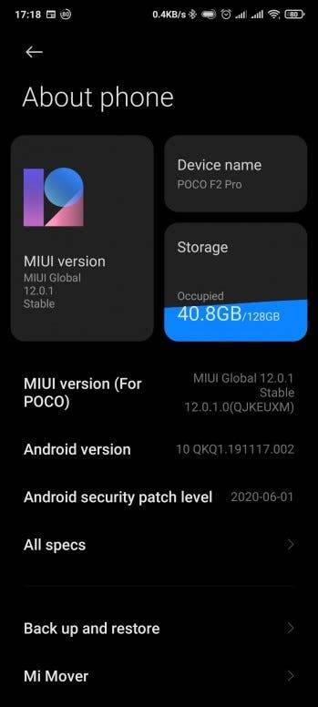Poco F2 Pro получает обновление MIUI 12 на базе Android 10 5 Экран телефона Poco F2 Pro с информацией о системе