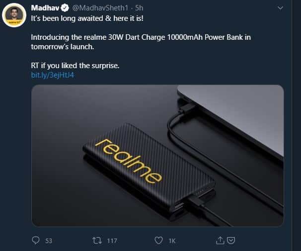 Завтра Realme представит беспроводную зарядку Power Dart Charge на 10000 мАч 3 realme powerbak madhav sheth twitter