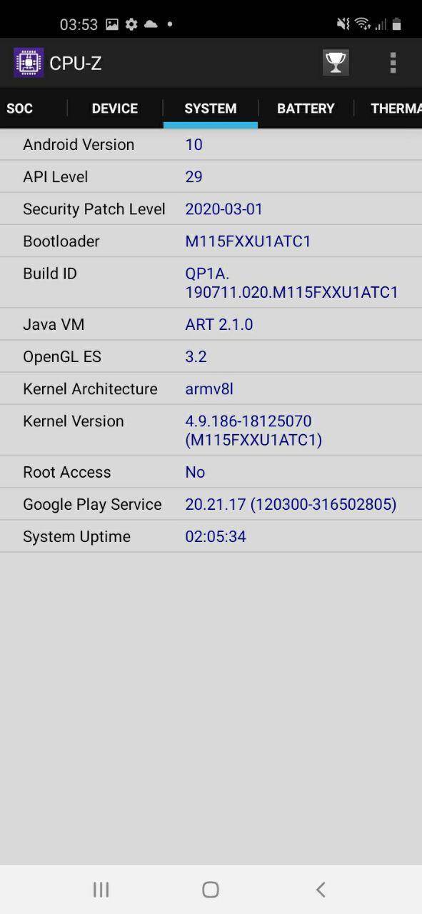 Обзор Samsung Galaxy M11. Народный смартфон 37 Экран устройства с информацией о системе и версии ядра