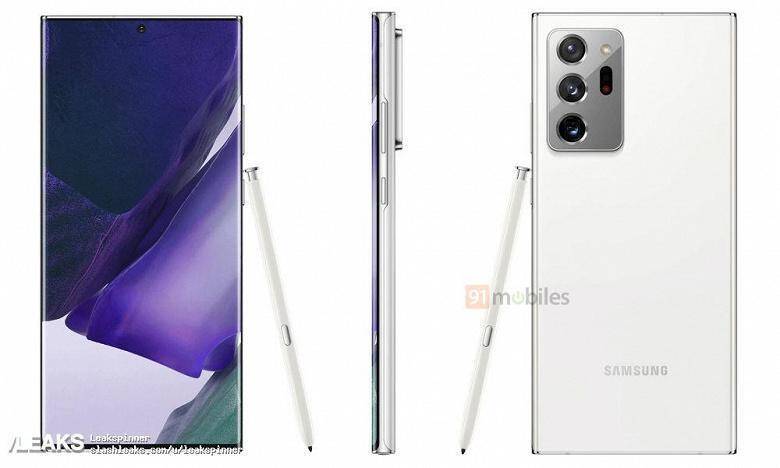 Samsung Galaxy Note20 в белом цвете впервые появляется на рендерах 3 Глубина изображения Samsung Galaxy Note20 в белом цвете спереди и сбоку