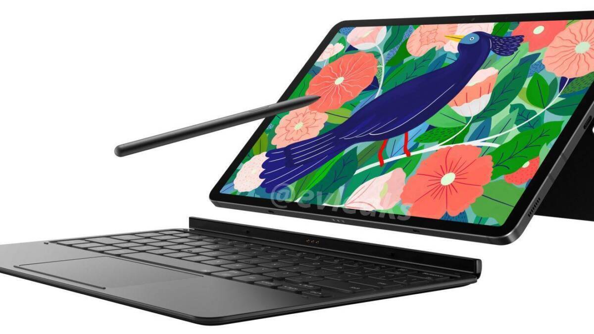 В сеть утекли изображения планшета Samsung Galaxy Tab S7 3 Планшет Samsung Galaxy Tab S7 с клавиатурой и стилусом в боковом положении