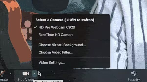 Экран выбора камеры на интерфейсе Zoom с опциями HD Pro Webcam C920 и FaceTime HD