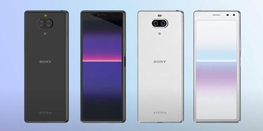 Четыре смартфона Sony Xperia 8 Lite показаны сзади и спереди