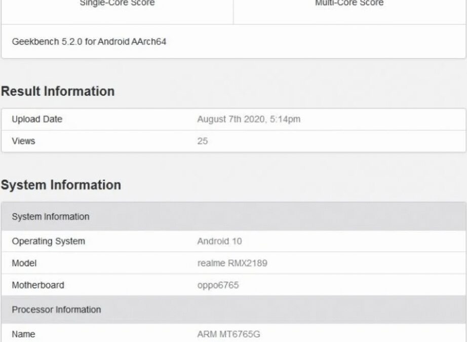 Результаты теста Geekbench 5 для Realme RMX2189 с высокой производительностью на Android 10