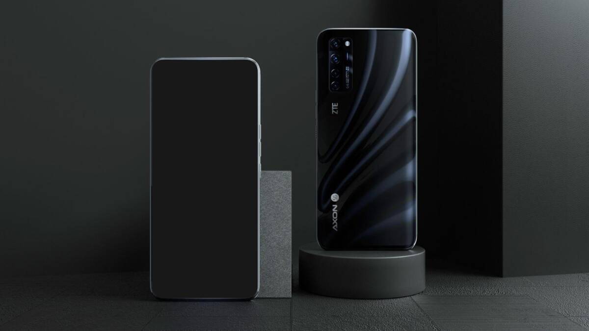 Смартфон ZTE с подэкранной камерой на черном фоне