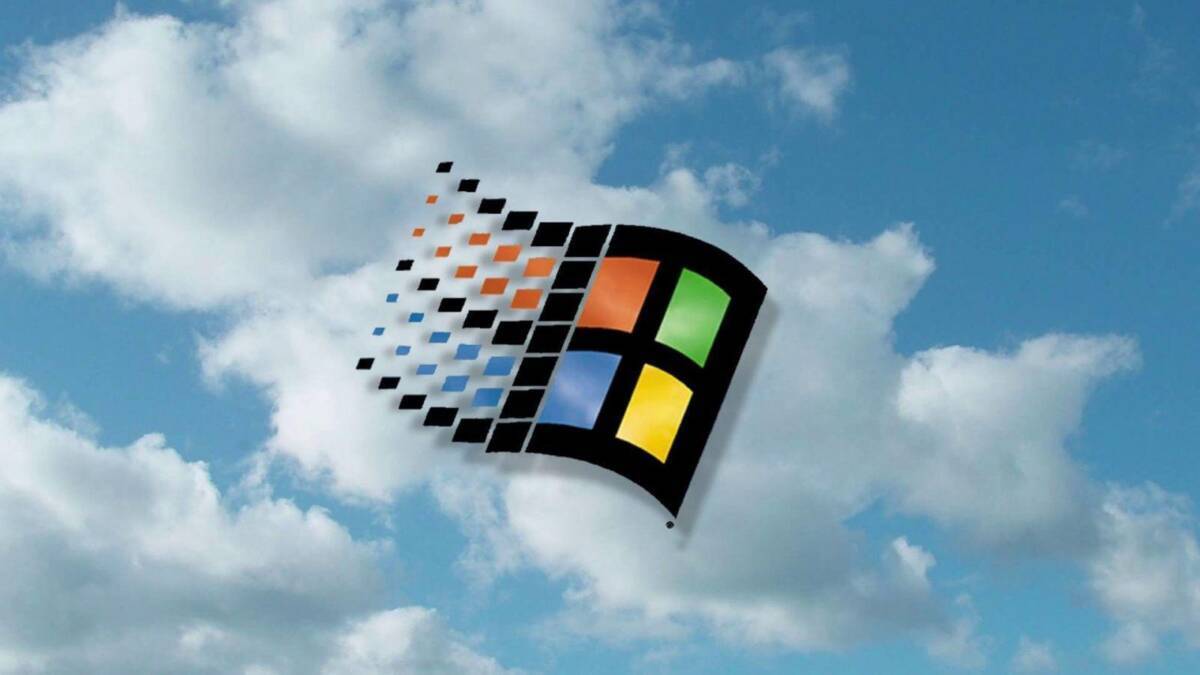 Летающий логотип Windows 95 в небе с облаками