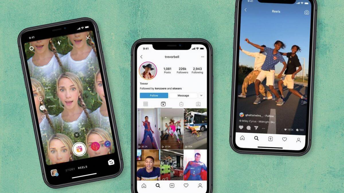 Три смартфона с интерфейсами Instagram TikTok Reels