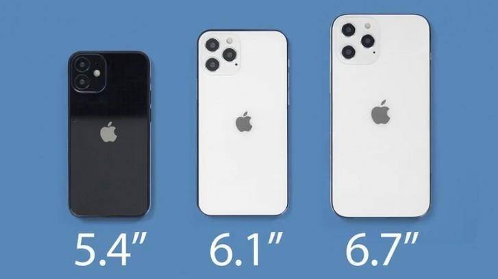 Три различных модели iPhone 12 разных размеров с задней панелью и камерами