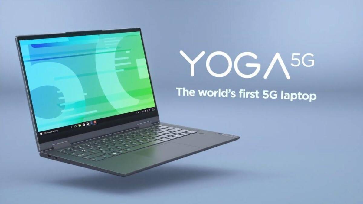 Ноутбук Lenovo Yoga 5G с открытым дисплеем и клавиатурой, изображение сбоку