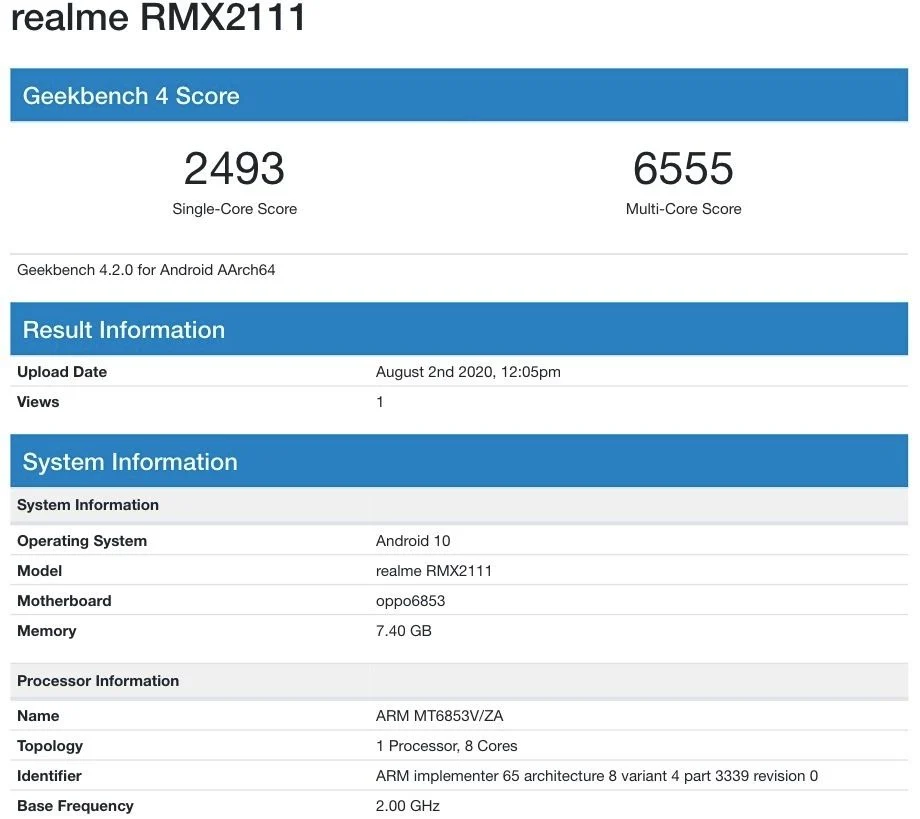 Realme V5 прошёл тестирование Geekbench 3 realme rmx2111 geekbench