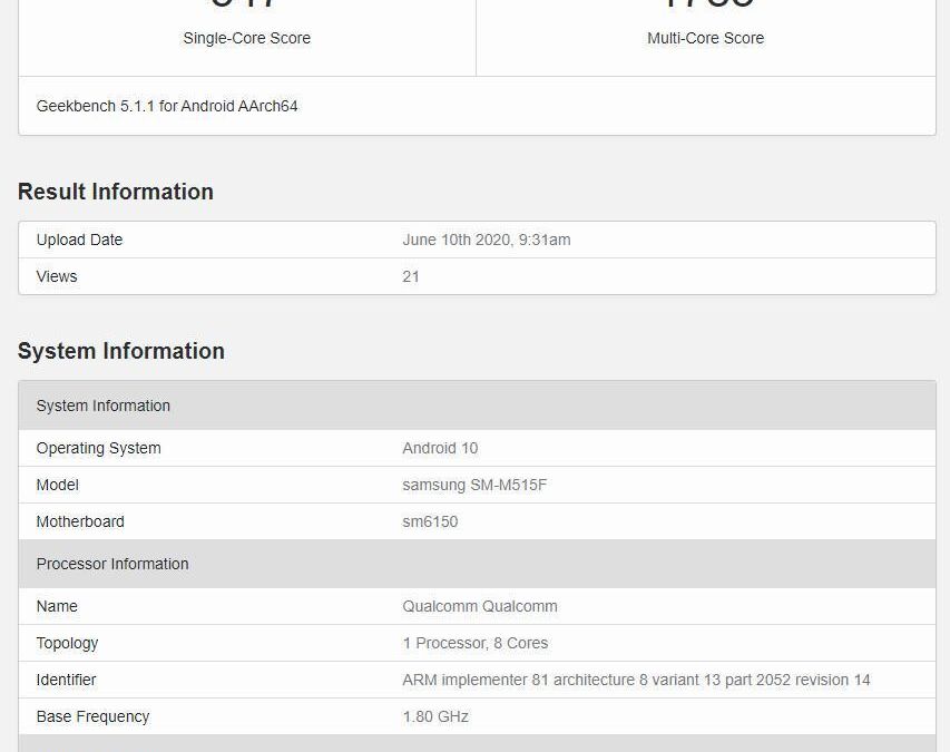 Результаты теста Geekbench 5 для устройств Samsung Galaxy SM-M515F