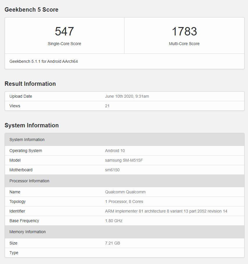 samsung galaxy m51 geekbench leak