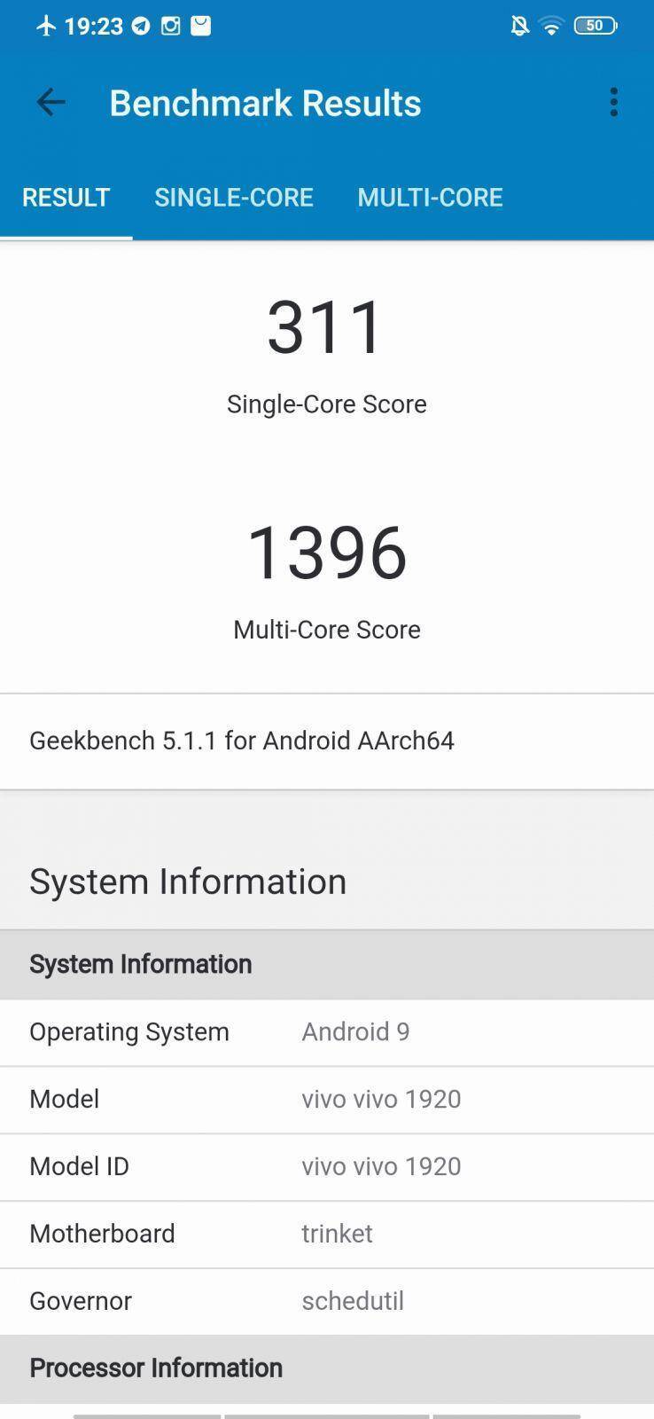 Обзор Vivo V17: хороший смартфон 30 Результаты бенчмарка Geekbench для Vivo Vivo 1920 отображают показатели SINGLE-CORE и MULTI-CORE
