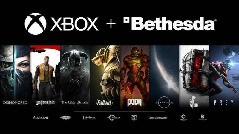Логотипы Xbox и Bethesda на черном фоне с игровыми персонажами