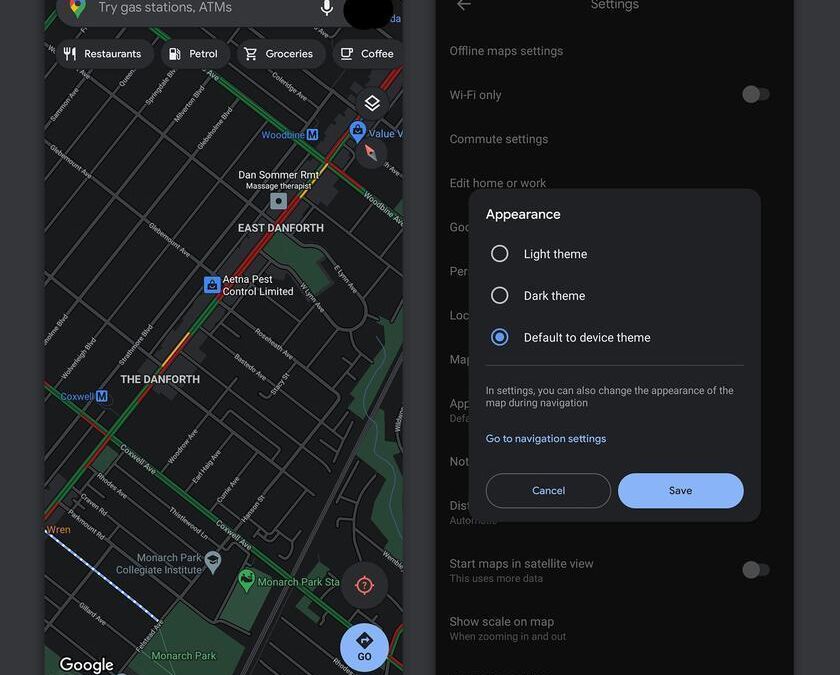 Настройки темы оформления и карты в приложении Google Карты