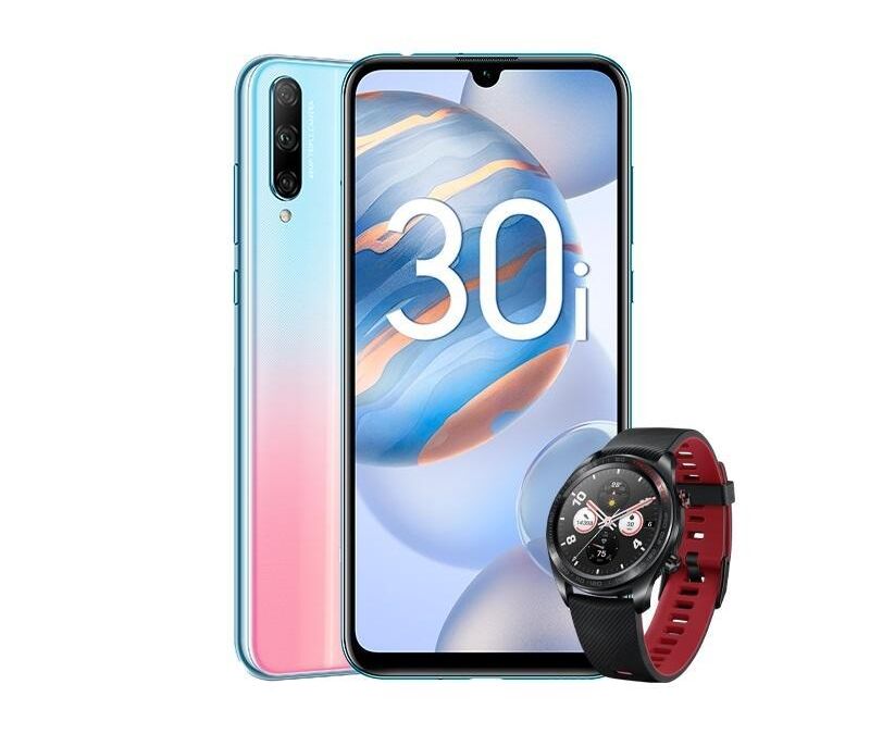 Смартфон Honor 30i с градиентным синим и розовым цветами задней панели и тройной камерой на задней стороне