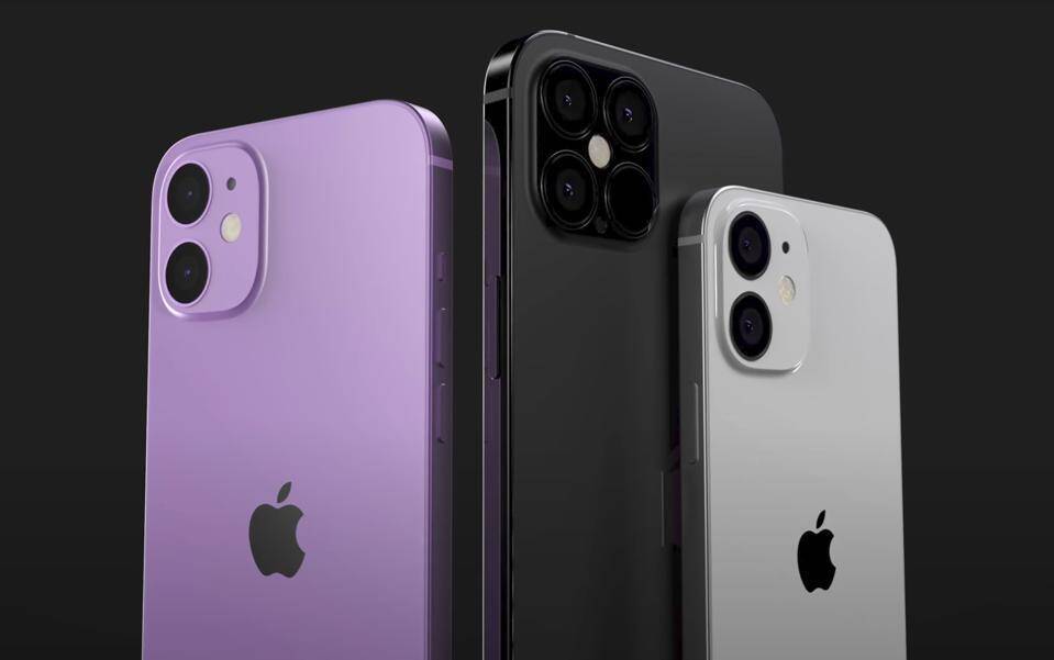 Три новых iPhone 12 в черном, серебристом и фиолетовом цветах