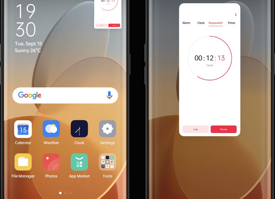 OPPO телефон с интерфейсом таймера и будильника