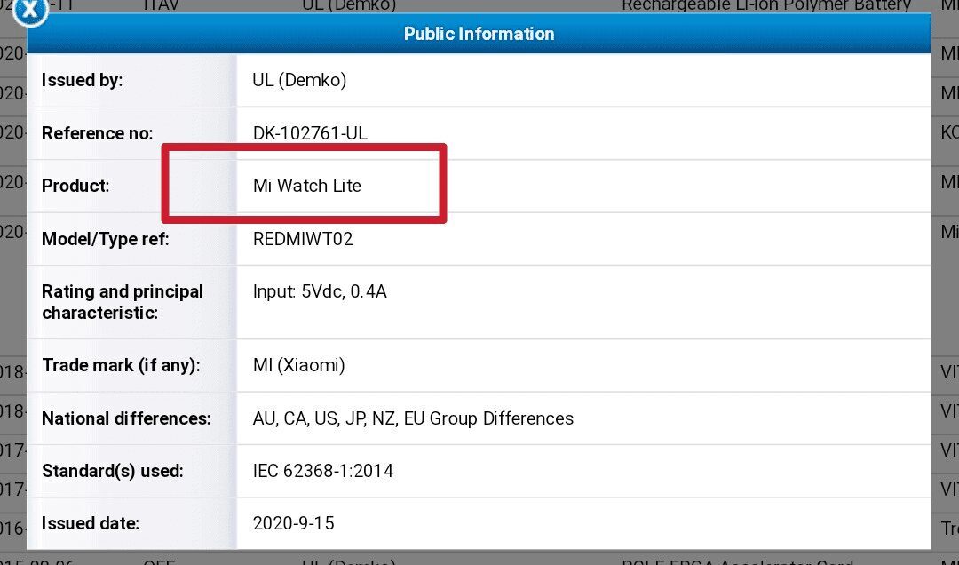 Xiaomi Mi Watch получат Lite версию по низкой цене 4 Информация о продукте Mi Watch Lite в таблице
