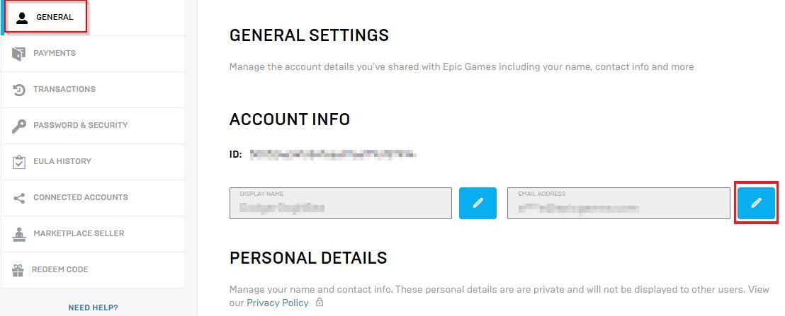 Страница настройки аккаунта Epic Games в интернет-браузере с кнопками редактирования информации