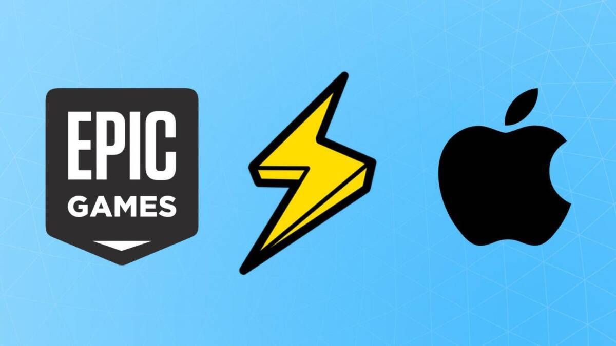 Логотип Epic Games, молния и логотип Apple на голубом фоне