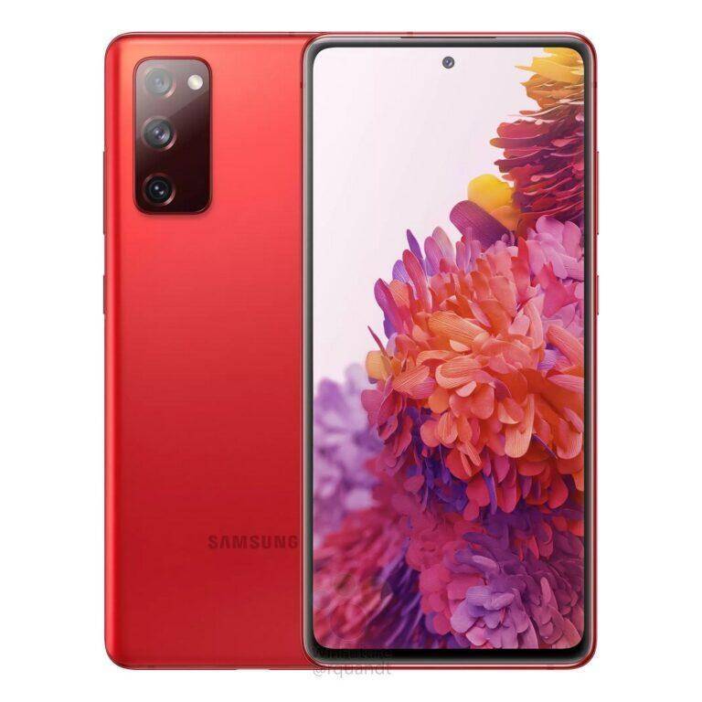 Красный Samsung Galaxy S20 FE с задней камерой и дисплеем спереди