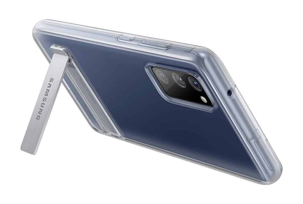 Смартфон Samsung с прозрачным чехлом и подставкой из металла