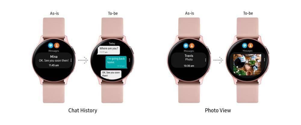 Galaxy Watch Active2 получили новые функции 8 Коммуникация через смарт-часы Galaxy Watch Active2 демонстрация обмена сообщениями и просмотр фотографий