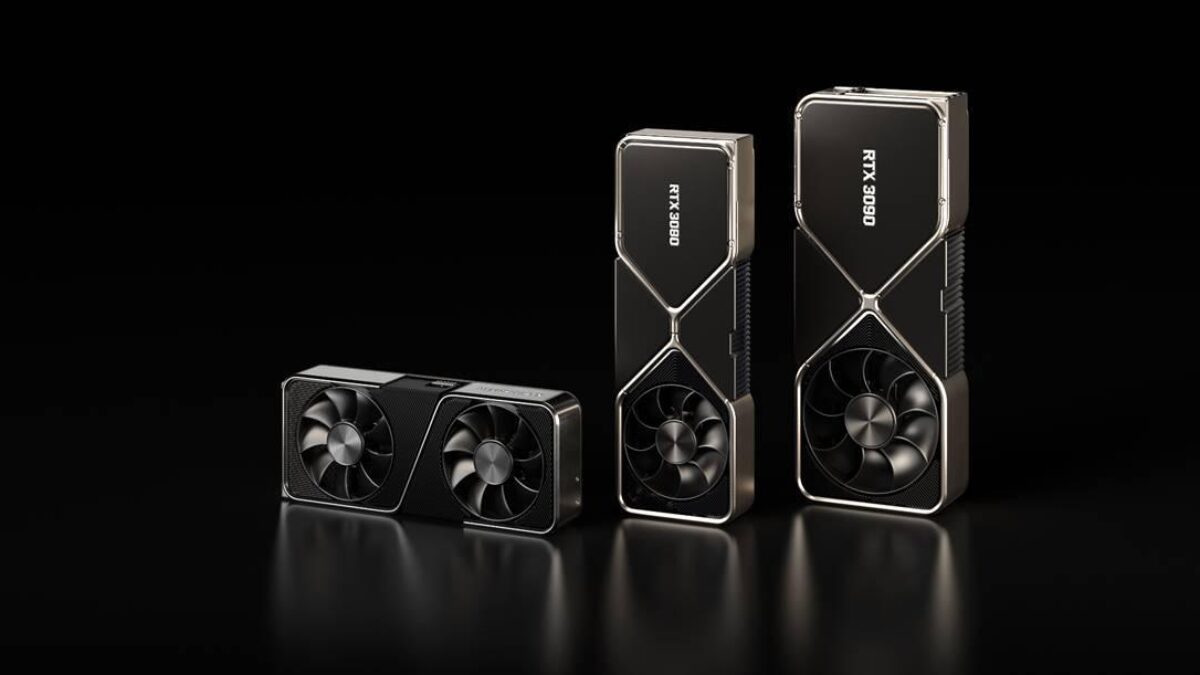 графические видеокарты NVIDIA GeForce RTX 3090 и RTX 3080 и RTX 3070 на черном фоне в горизонтальном положении