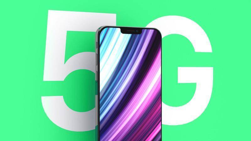 Смартфон iPhone с яркими линиями на экране на фоне большого 5G